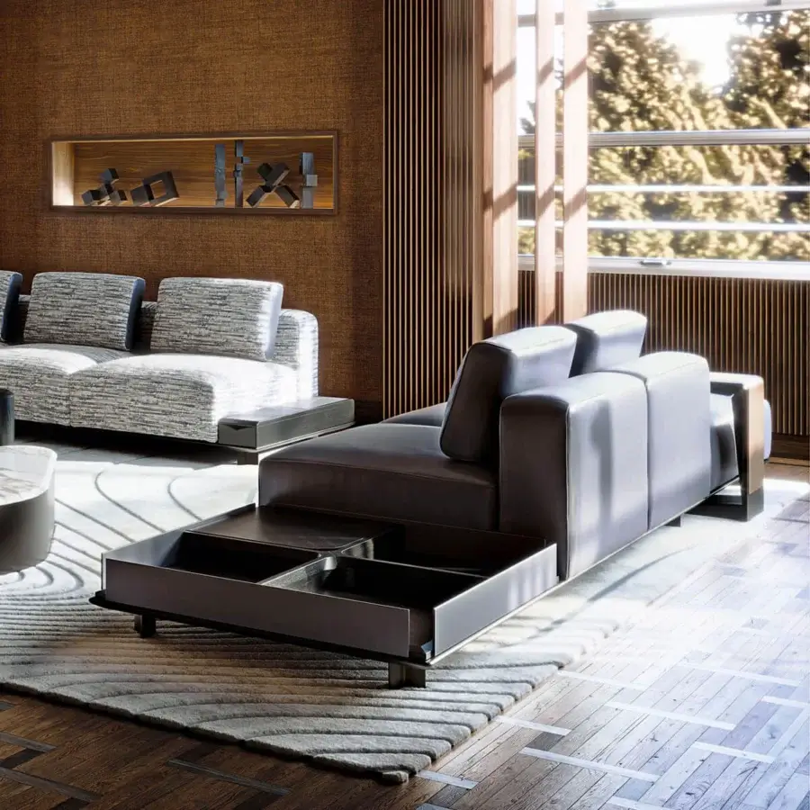 Exclusive Giorgetti Nereide Sofa – Maserati Edition sofa with dark charcoal textile upholstery and pewter-coated metal with ash wood base