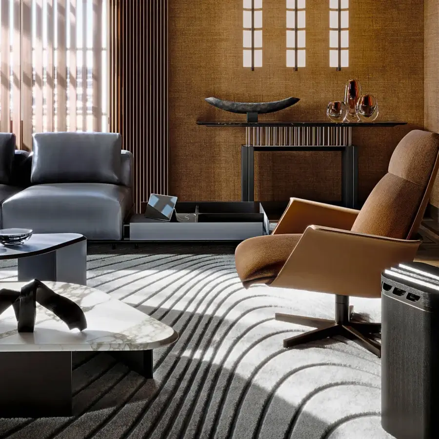 Distinguished Giorgetti Nereide Sofa – Maserati Edition sofa with deep charcoal textile upholstery and a solid ash wood platform built with pewter finish