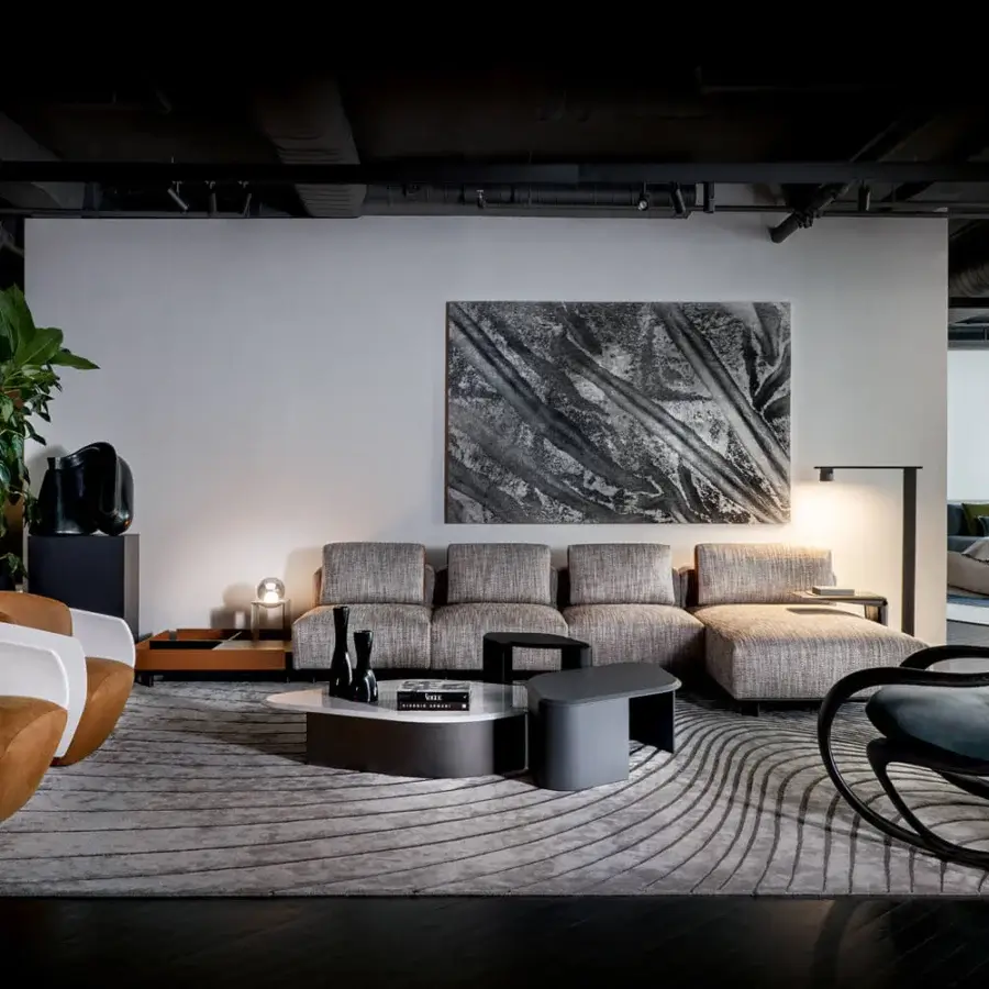 Exceptional Giorgetti Nereide Sofa – Maserati Edition sofa with textured muted gray textile and pewter-coated metal feet crafted in Italy