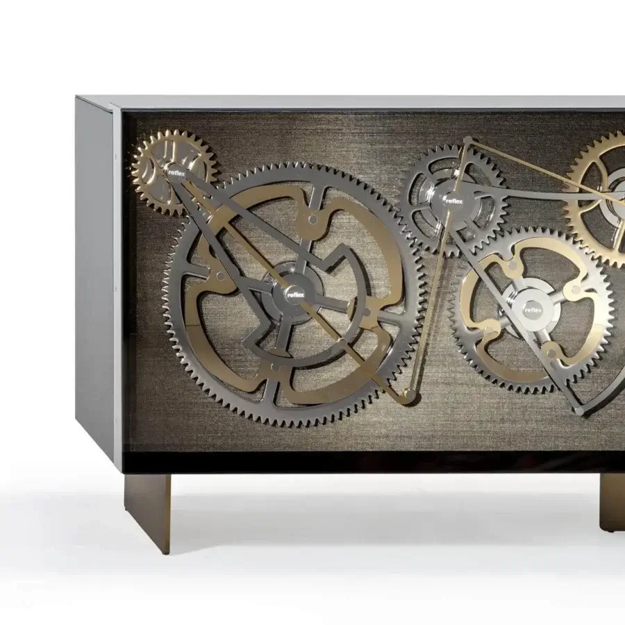 Exceptional Reflex Big Ben sideboard with etched lacquered glass, satin brass legs and decorative silver-gold gear mechanism