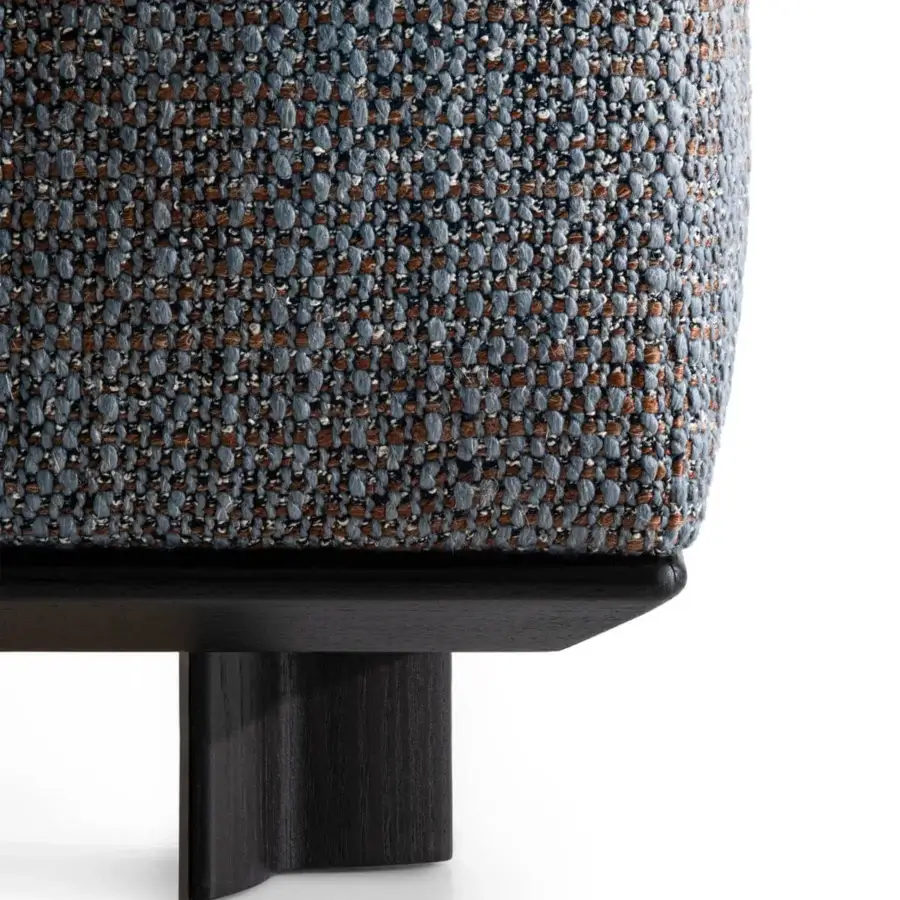 Sophisticated Giorgetti Nereide Sofa – Maserati Edition sofa built with textured textile upholstery in shades of blue and brown with satin ash wood and pewter feet