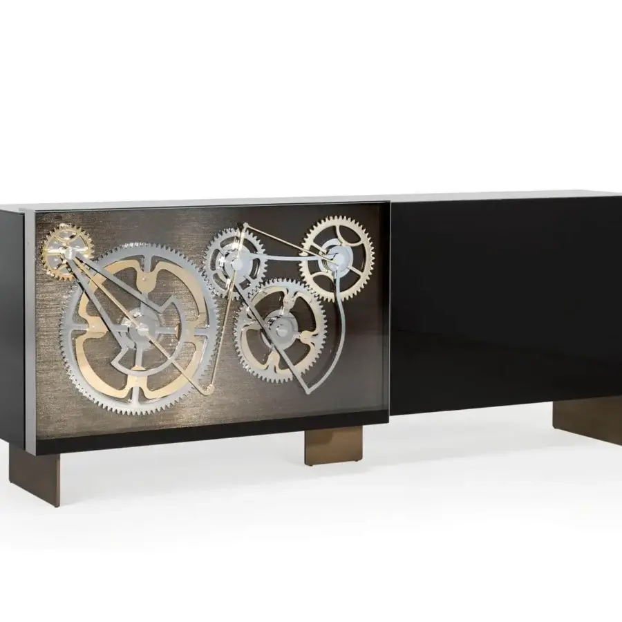 Distinguished Reflex Big Ben sideboard with a wooden structure, glossy black sliding door, and silver-gold metal gears in satin brass finish