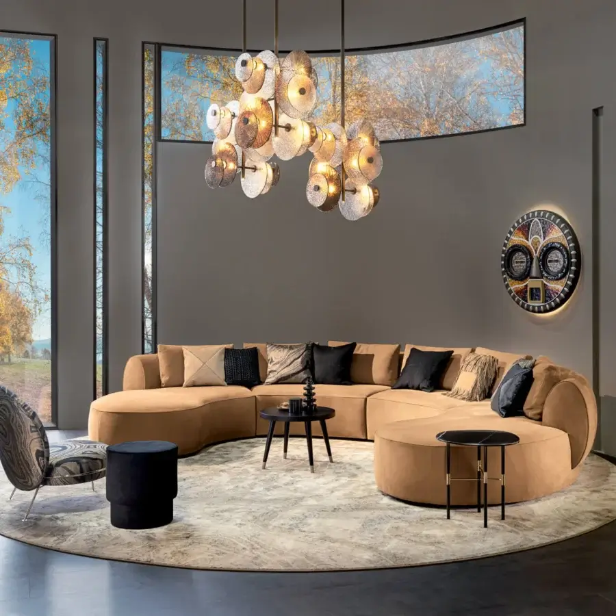 Superior Sicis Botero sectional with soft organic curves upholstered in warm golden-brown textile and built with a solid timber frame