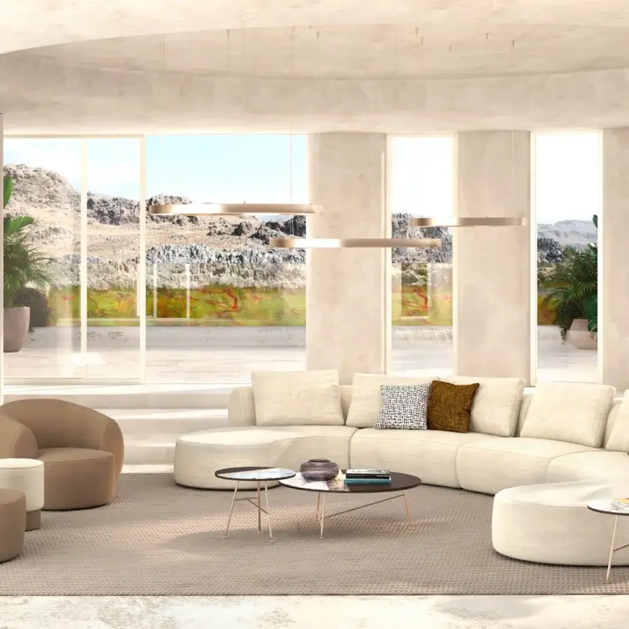 Distinguished Sicis Botero sectional with inviting curves upholstered in textured matte light beige fabric and solid timber frame