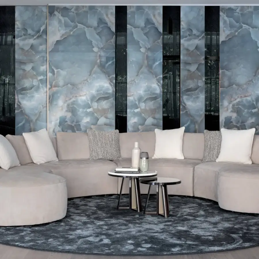 Exceptional Sicis Botero sectional with low organic curves upholstered in warm beige textile and built with solid timber