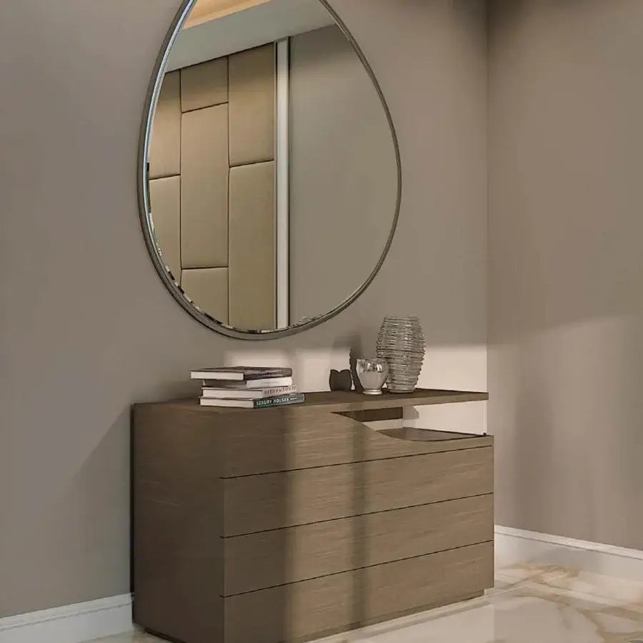 Superior Reflex Segno dresser in Canaletto Henné wood with three stacked drawers and open shelf finish