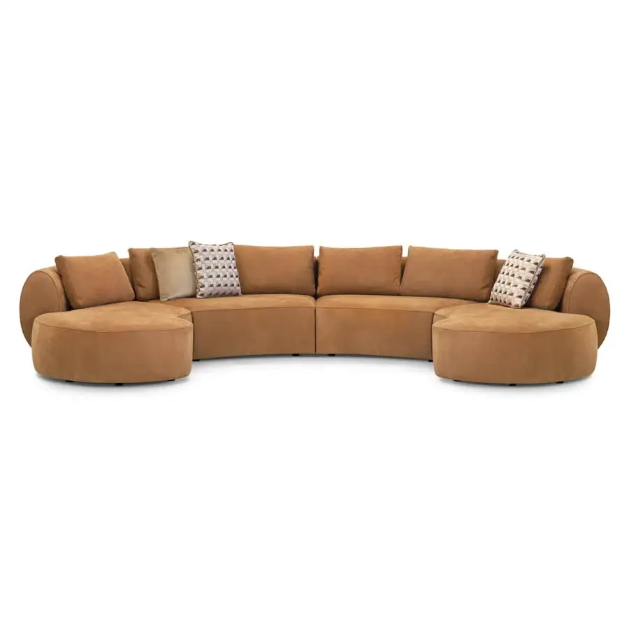 Lavish Sicis Botero sectional with a welcoming curved form upholstered in muted brown removable textile fabric