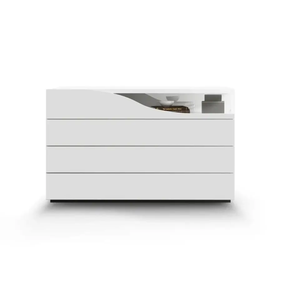 Distinctive Reflex Segno dresser with glossy white lacquered wooden structure and shaped top drawer with glass sides
