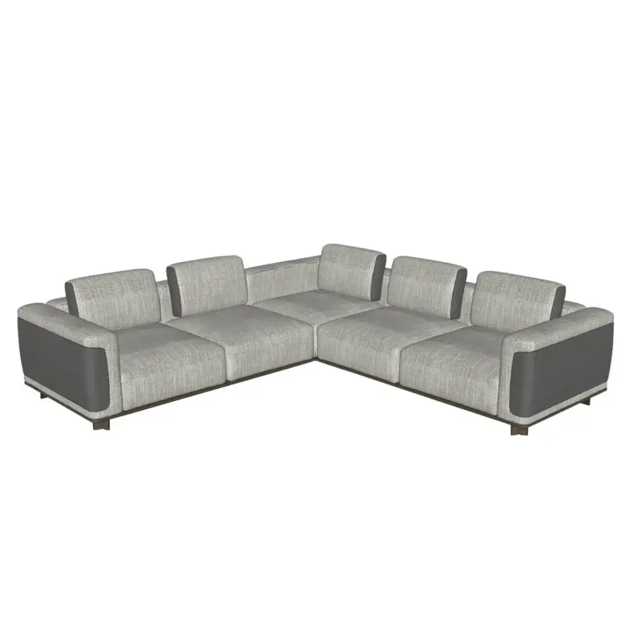 Exceptional Giorgetti Nereide sectional with angular form upholstered in light gray textile and darker gray panels with ash wood and pewter base