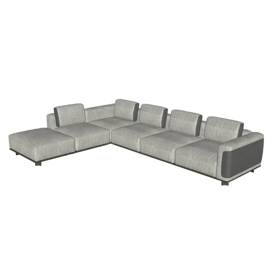 Distinctive Giorgetti Nereide sectional with angular silhouette upholstered in light neutral gray textile and dark charcoal gray leather accents built with a pewter finish ash wood base