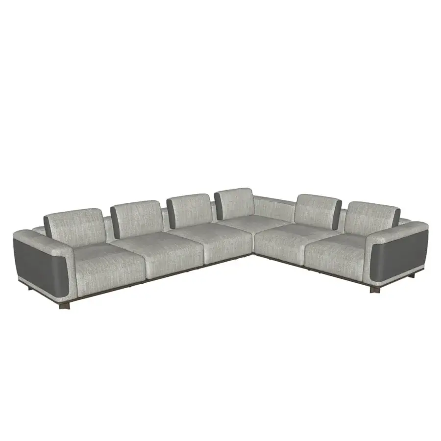 Lavish Giorgetti Nereide sectional with low angular profile upholstered in neutral gray textile and crafted with ash wood legs