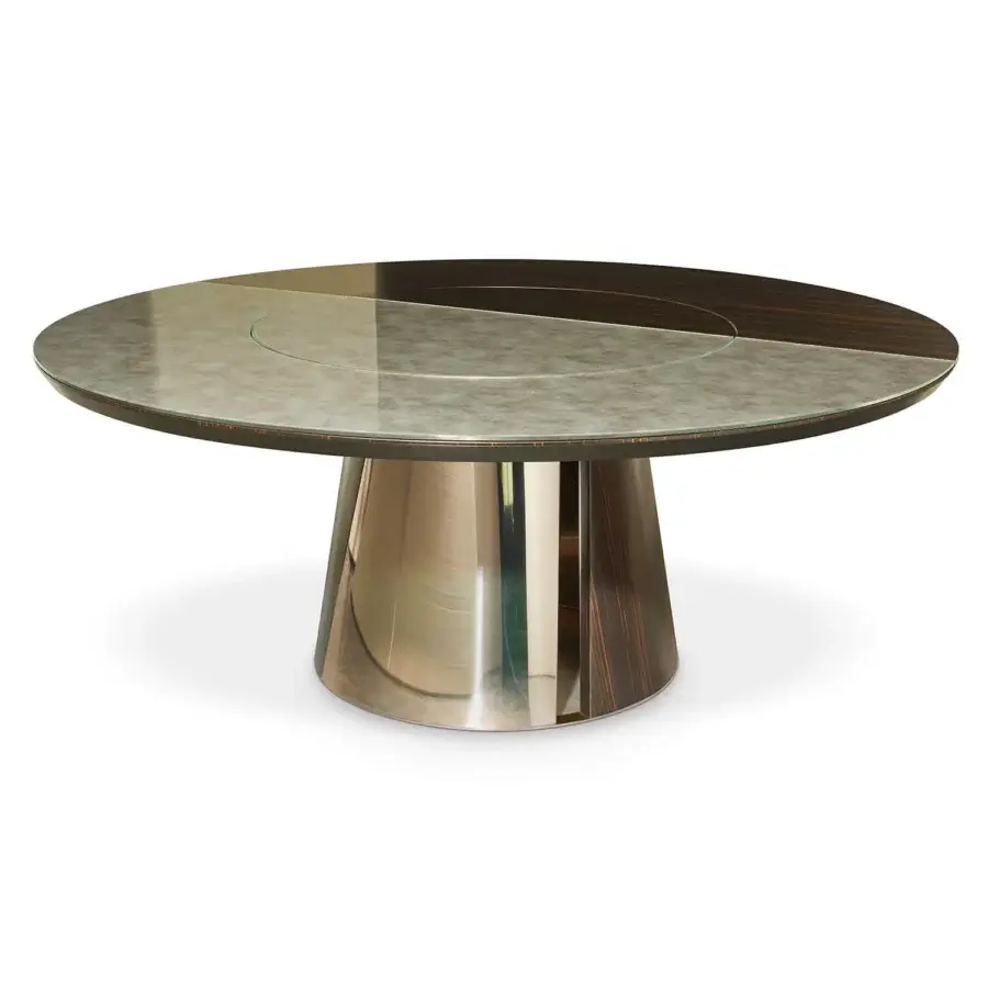 Distinguished Sicis Osas table with polished Amara ebony base and champagne metal, uniting grey Vetrite glass with dark wood