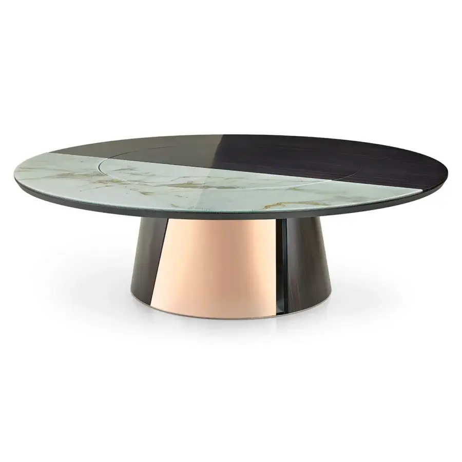 Elegant Sicis Osas table with polished Amara ebony base, champagne metal frame and captivating Vetrite glass tabletop