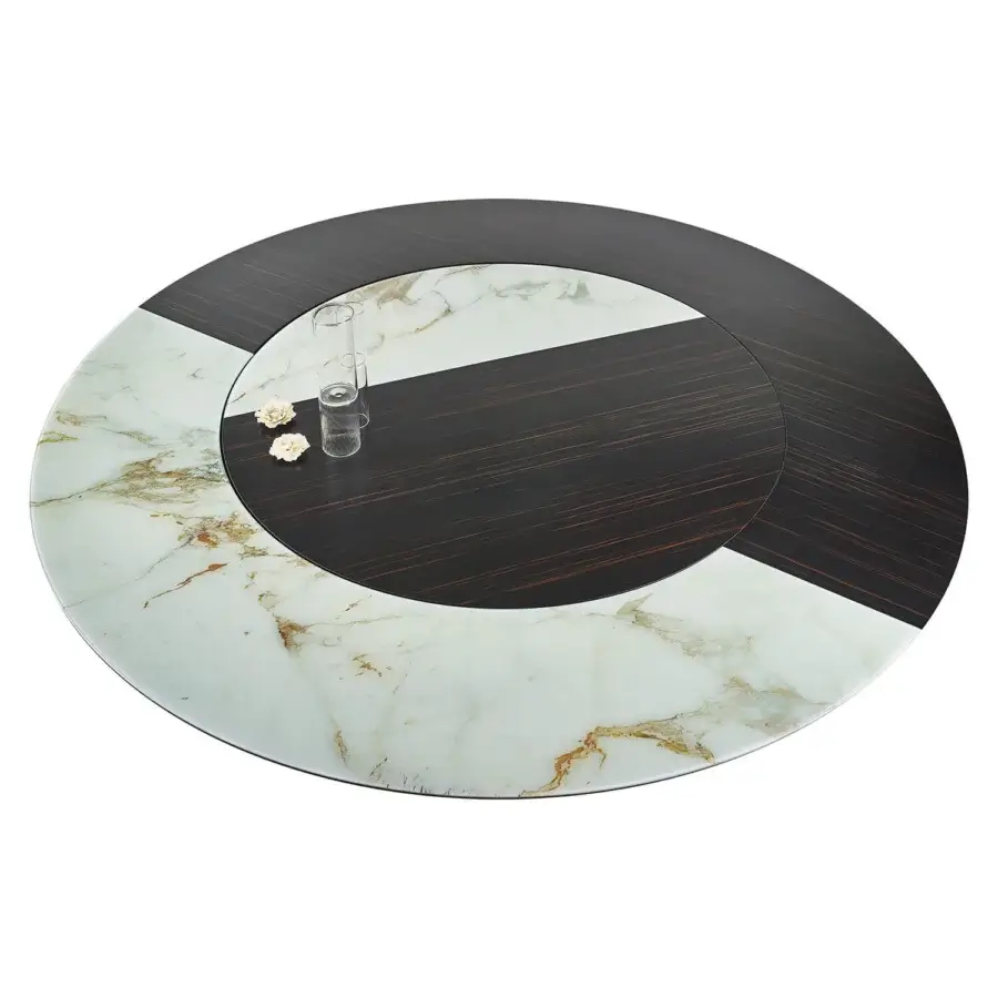 Distinguished Sicis Osas table with a polished Amara ebony base, champagne metal frame and pale green-grey Vetrite glass tabletop