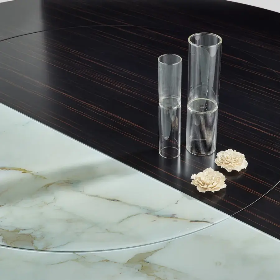 Exceptional Sicis Osas table with a polished Amara ebony base, champagne metal frame and pale green Vetrite glass tabletop