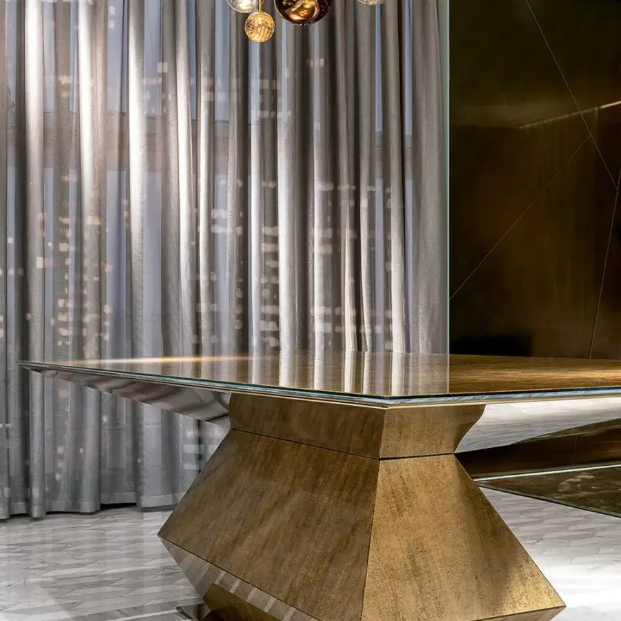 Captivating Sicis Diamante table crafted from Vetrite and transparent glass with a brushed golden-brown textured base