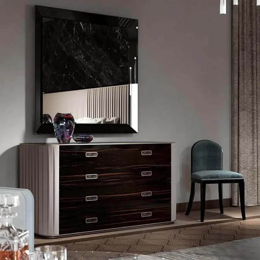 Superior Reflex Plissé dresser with shiny Ebony wood structure and pleated fabric sides complemented by satin Brass finish