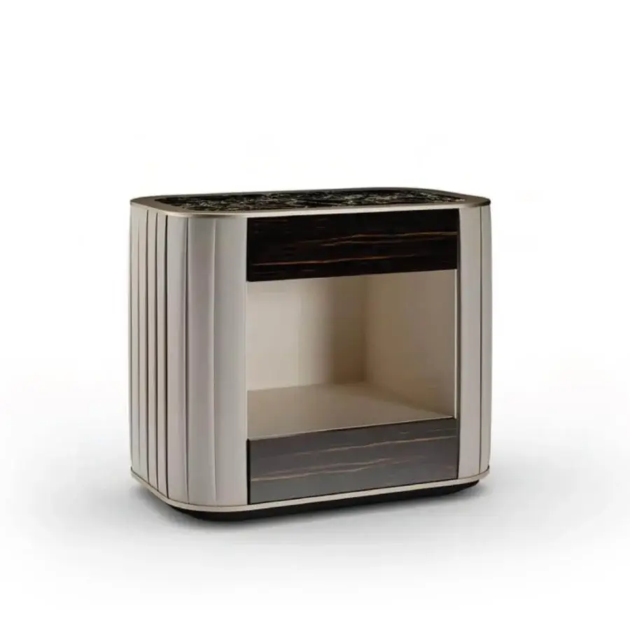 Exceptional Reflex Plissé nightstand with lacquered wood, a marbled top and dark wood-look drawers creating a contemporary design