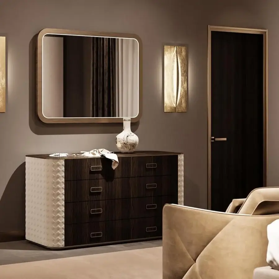 Distinguished Reflex San Marco dresser with wooden structure and four drawers in shiny Ebony wood with quilted textile sides and satin Brass details