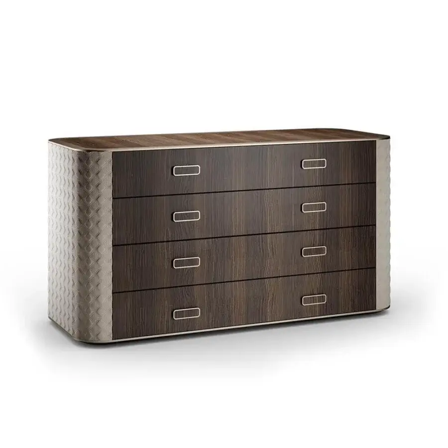 Exceptional Reflex San Marco dresser with wooden structure, four Canaletto Hennè drawers and textured light beige fabric upholstery