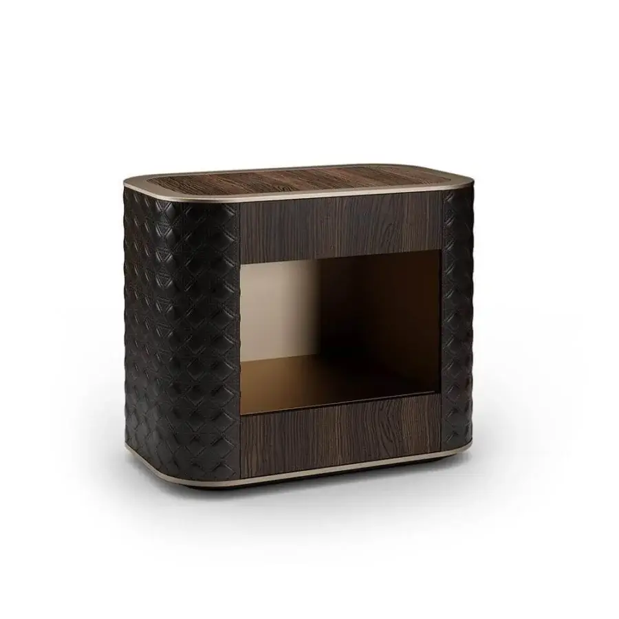 Lavish Reflex San Marco nightstand with quilted sides and satin brass trim in Canaletto Hennè wood exhibiting LED lighting