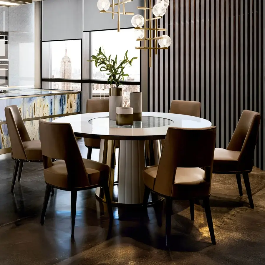 Distinguished Sicis Koro table with wood and Vetrite glass tabletop built in a Lazy Susan and silver-toned metal base