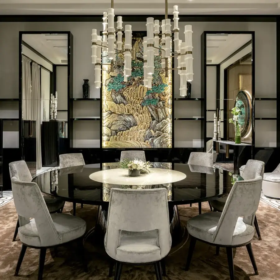 Elegant Sicis Koro table with sleek metal structure, wood inserts and wood with Vetrite glass top in deep black finish