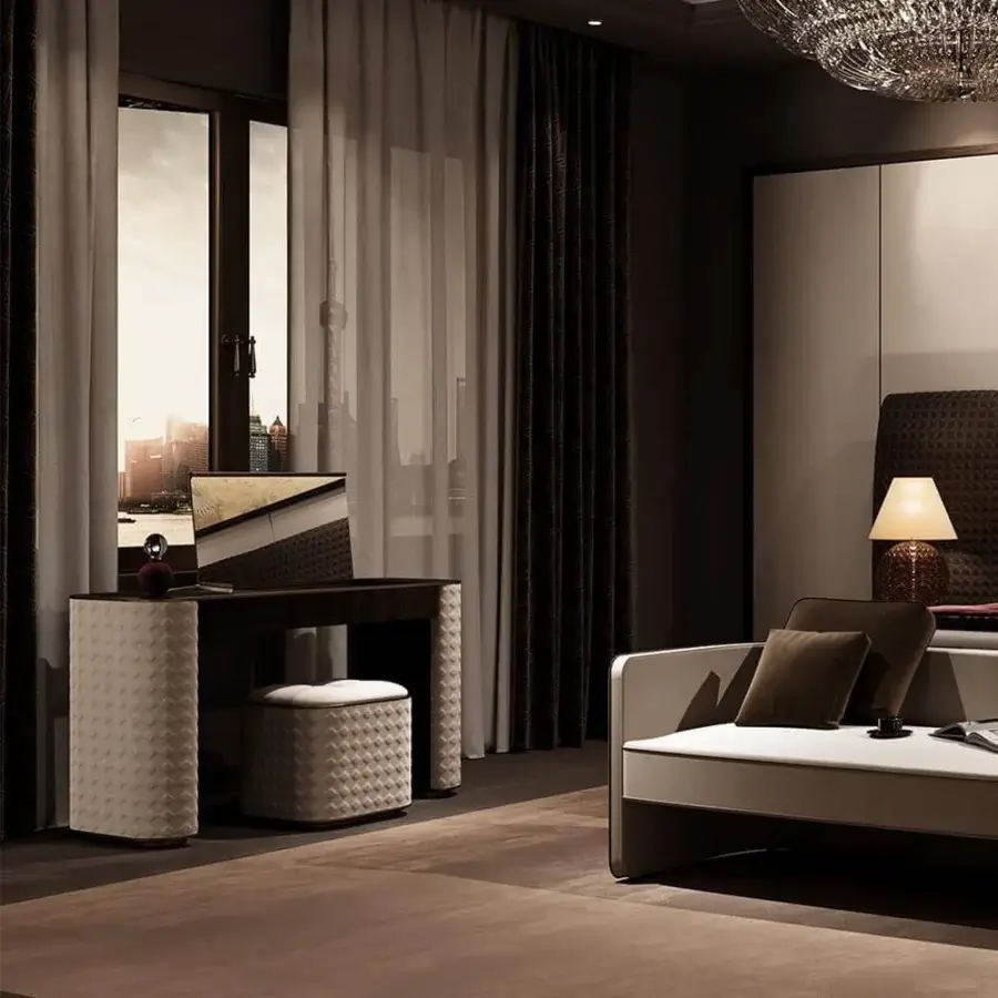 Distinguished Reflex San Marco vanity with Canaletto Hennè wood and shiny Ebony drawer exhibiting brass detailing