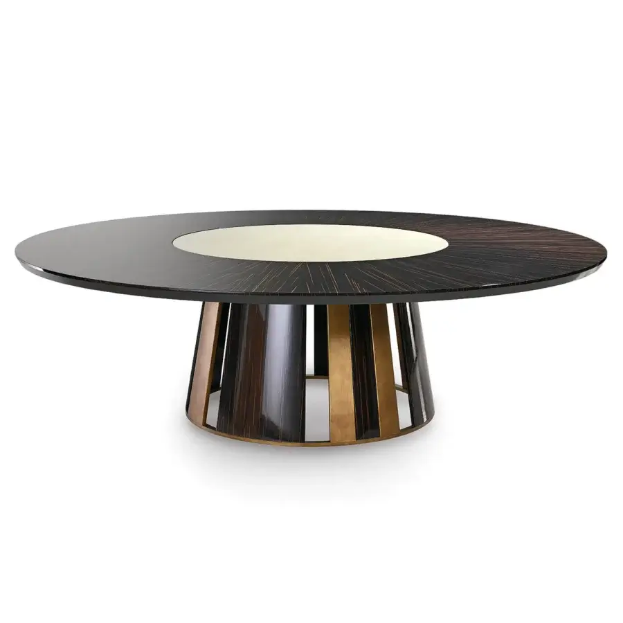 Distinguished Sicis Koro table crafted with wood and Vetrite glass, exhibiting a dark radiating veneer with a creamy-white central insert and metal structure