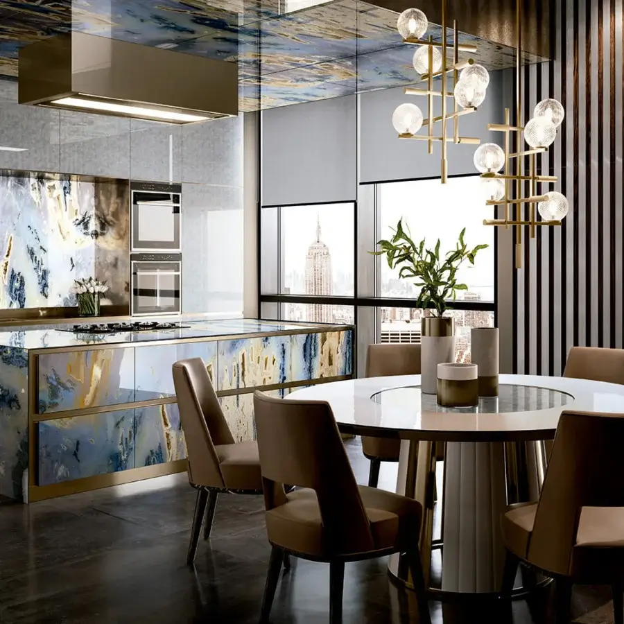 Exceptional Sicis Koro table built with wood and Vetrite glass, showcasing a satin-finish textile and sleek metal structure