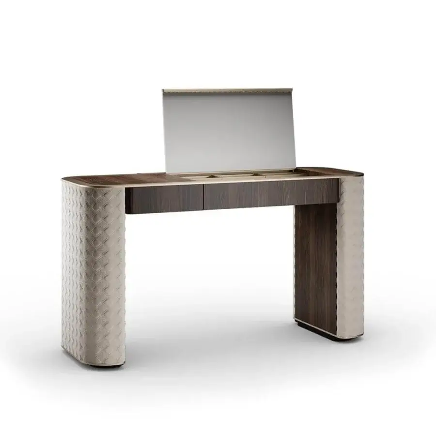 Lavish Reflex San Marco vanity crafted in Canaletto Hennè wood with light beige quilted fabric and satin brass accents