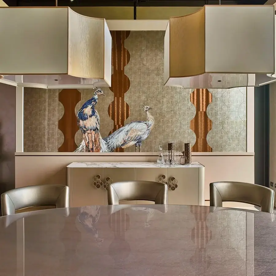 Distinguished Sicis Koro table with oval glass top and striking metal structure built with ebony slats and a warm reddish-brown matte finish