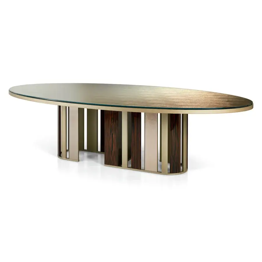 Elegant Sicis Koro table with oval glass top and dynamic metal and ebony base in satin finish