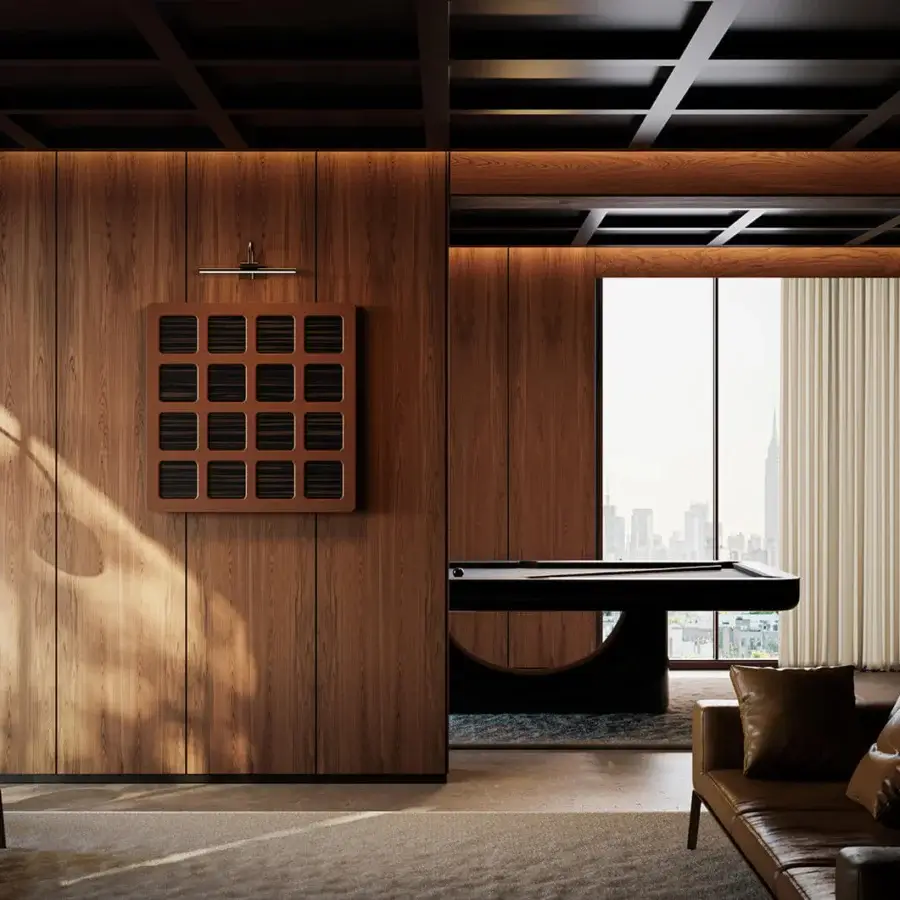 Distinguished Vismara Nido dartboard cabinet crafted in wood with a satin finish and recessed panel grid