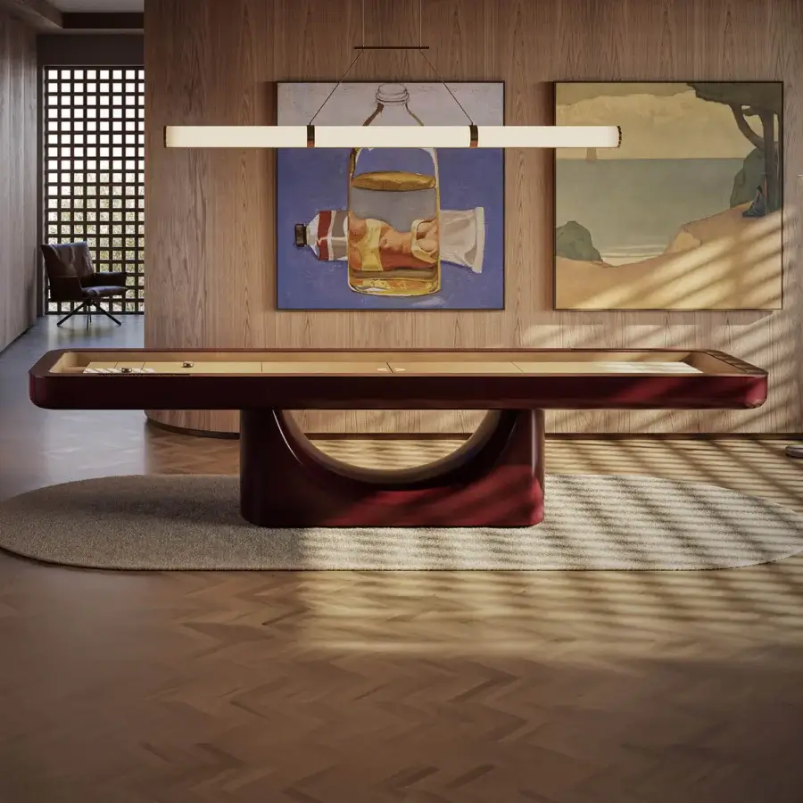 Distinguished Vismara Flume shuffleboard table crafted in Italy with a printed lacquered surface and suede surroundings in a glossy reddish-brown finish