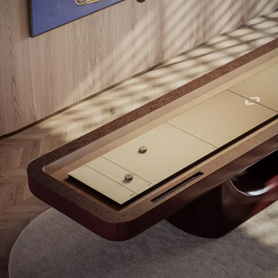 Superior Vismara Flume shuffleboard table built with wood and soft suede in a warm brown lacquered finish