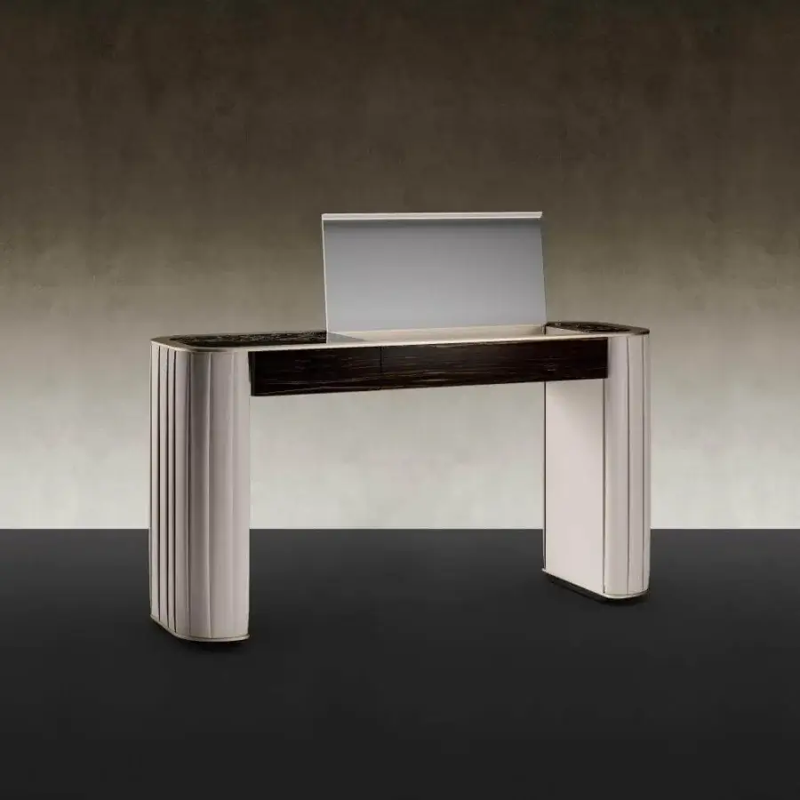 Exceptional Reflex Plissé vanity with light beige pleated fabric, satin brass detail and shiny ebony wood finish