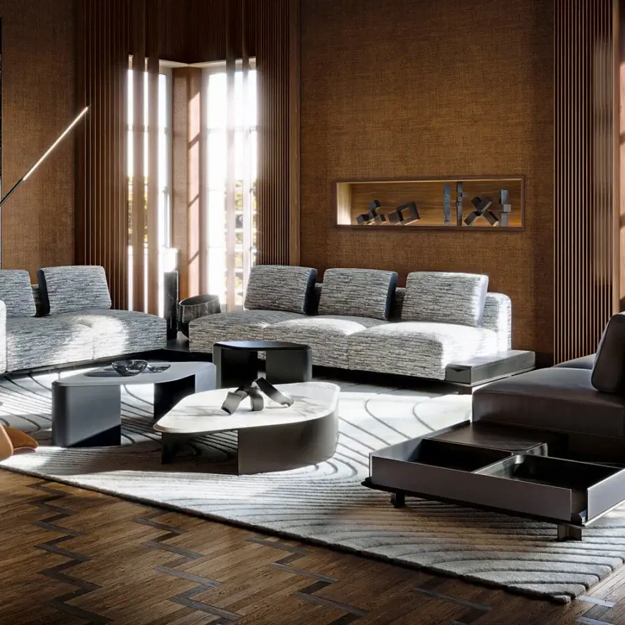 Exclusive Giorgetti Nereide sectional with textured muted gray textile and pewter-finished wood and metal feet