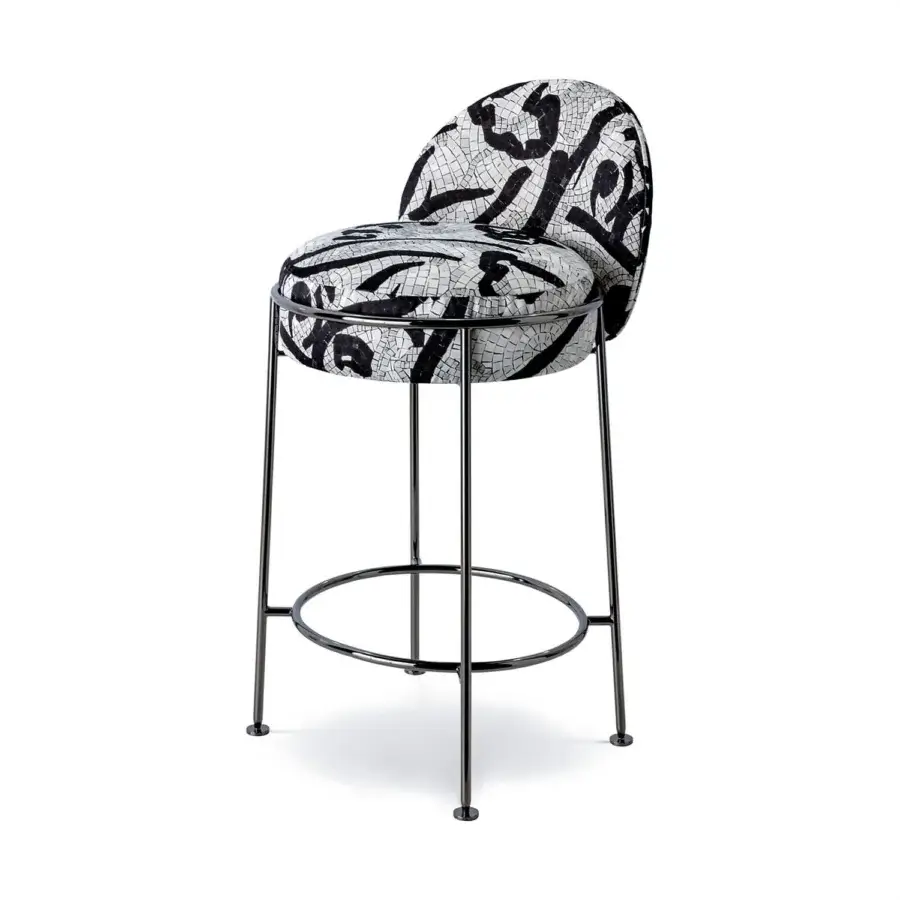 Captivating Sicis Amaretto stool with black and white mosaic textile upholstery and a polished metal frame