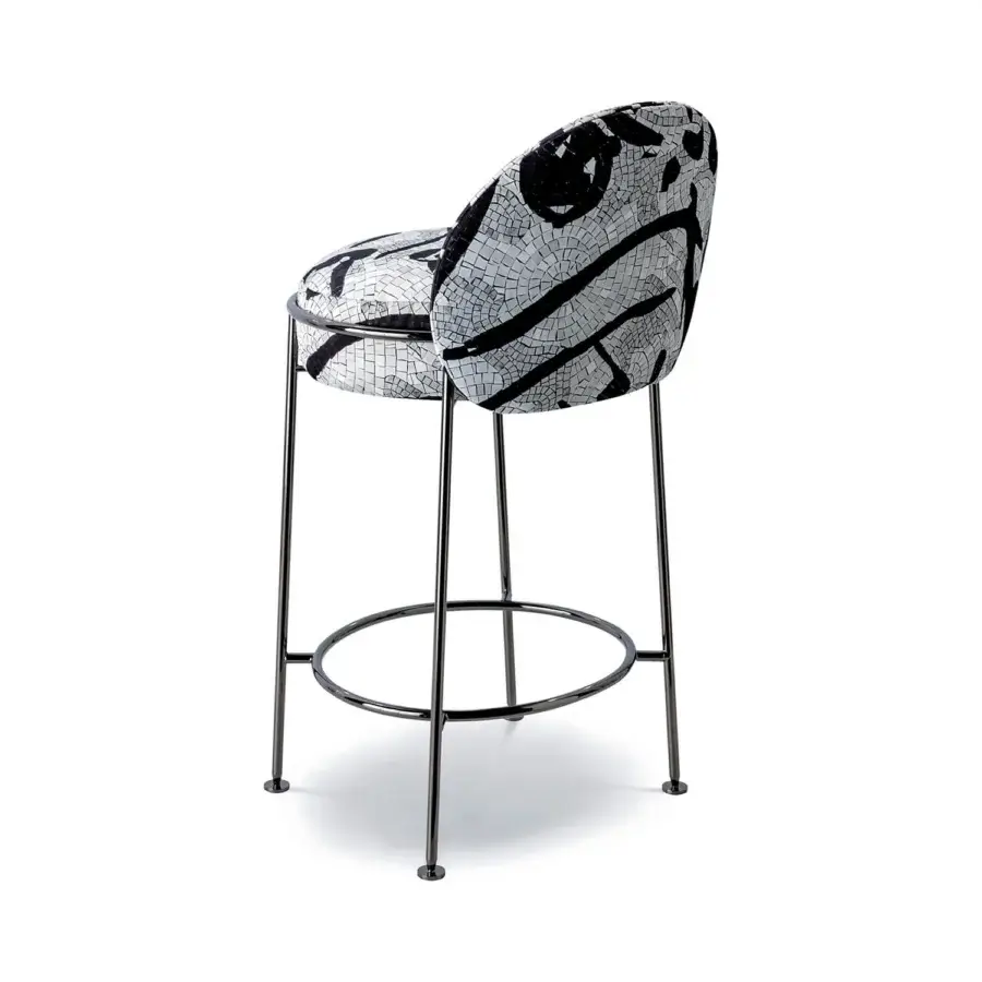 Exclusive Sicis Amaretto stool with black and white mosaic-like textile upholstery and satin silver-grey metal legs