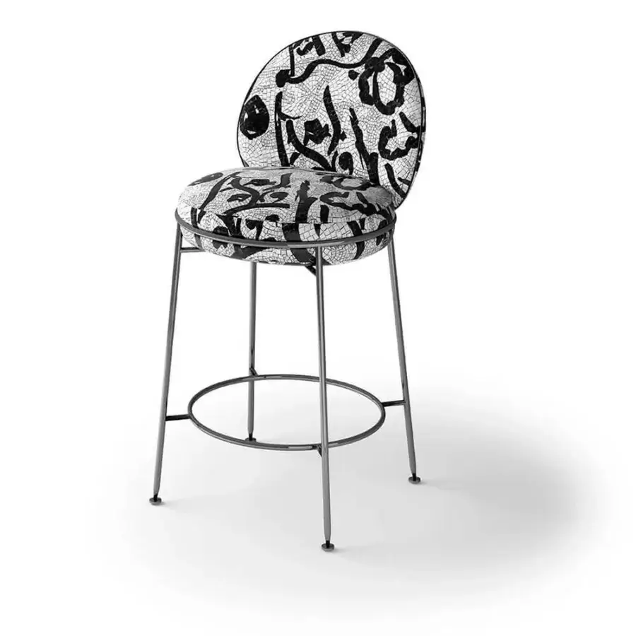Superior Sicis Amaretto stool with black and white patterned textile upholstery and satin-finish silver-grey metal frame