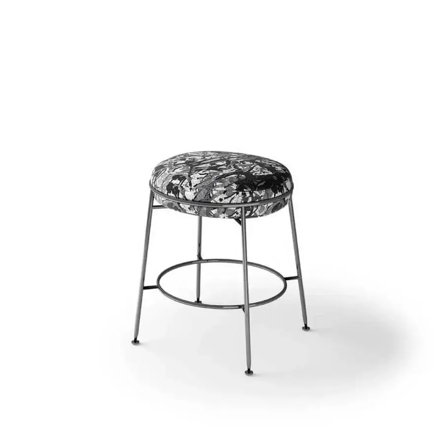 Distinguished Sicis Amaretto stool with black and white patterned textile upholstery and sleek dark metal legs