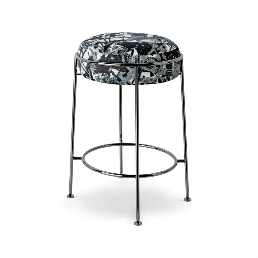 Exceptional Sicis Amaretto stool with black and white patterned textile upholstery and polished bright metal frame