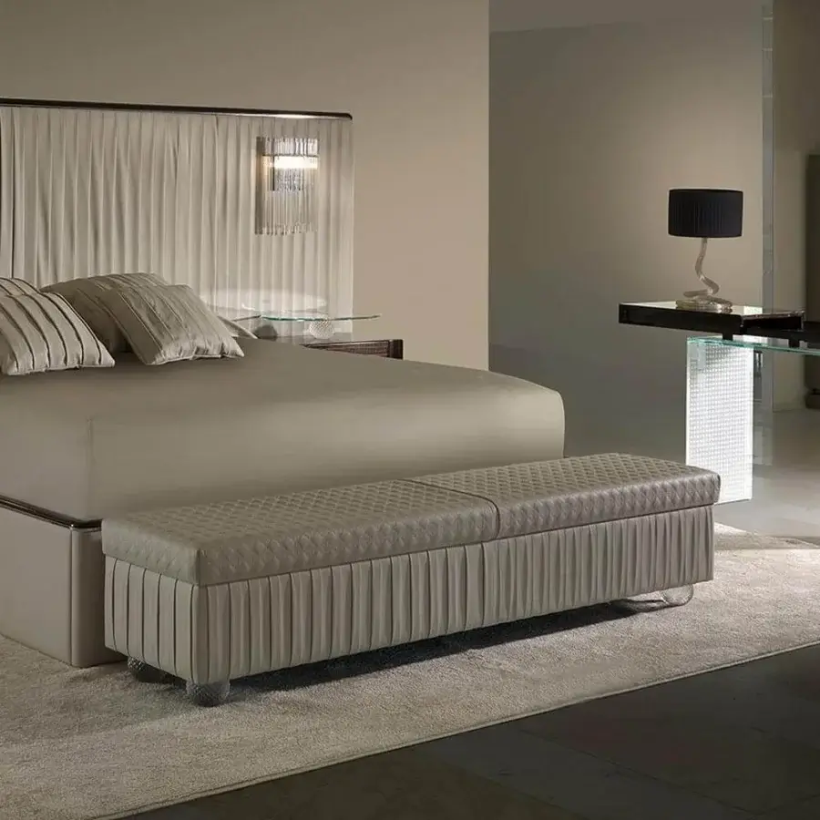 Lavish Reflex Plissé XL bed with light beige pleated fabric, shiny metal accents and ebony wood details