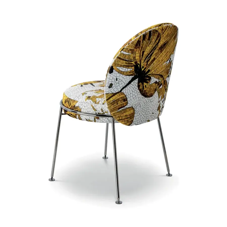 Distinctive Sicis Amaretto chair with golden yellow textile upholstery and polished metal legs crafted in Italy