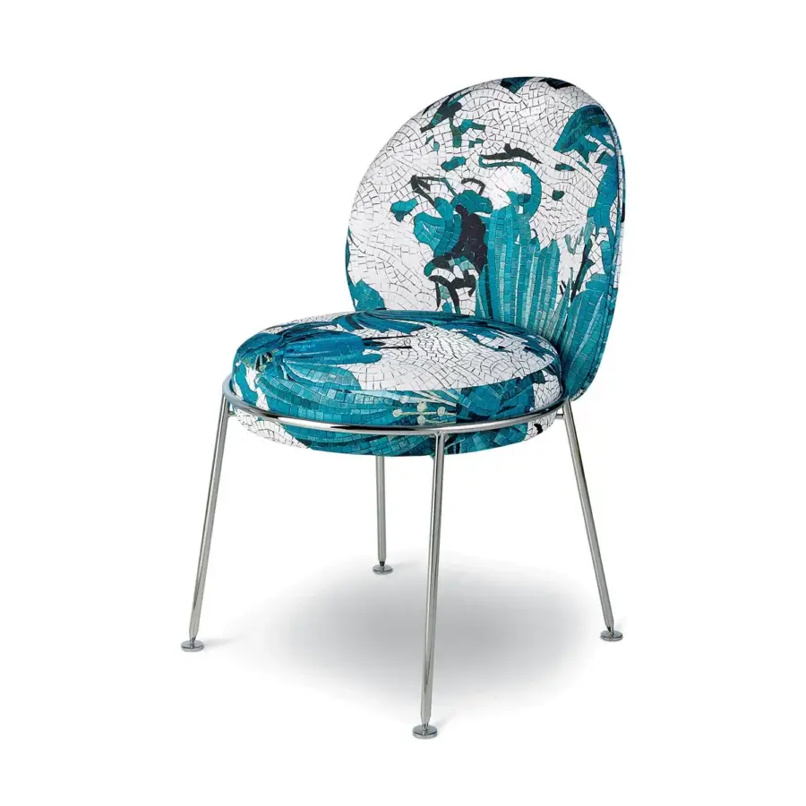Exceptional Sicis Amaretto chair with a handcrafted mosaic seat and backrest in captivating blue and white waves with polished metal legs