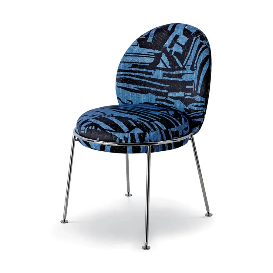Distinguished Sicis Amaretto chair with deep blue textured textile upholstery and polished metal frame