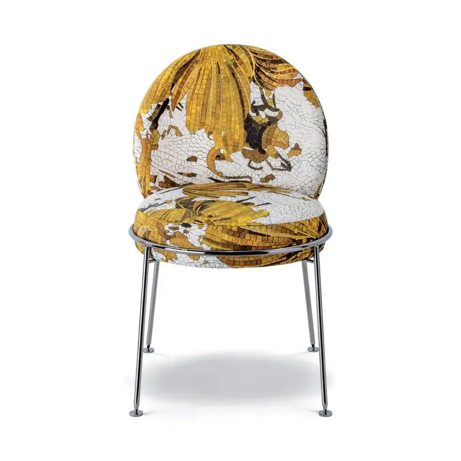 Exceptional Sicis Amaretto chair with golden yellow mosaic surface and polished metallic frame crafted in Italy