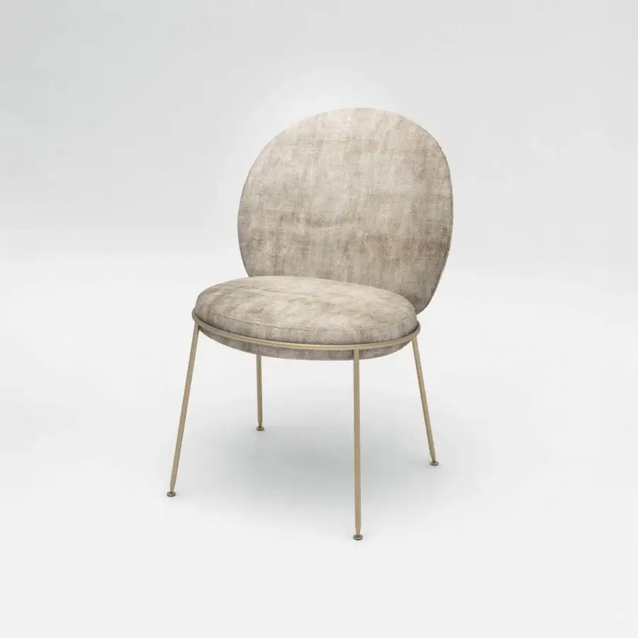 Sophisticated Sicis Amaretto chair in muted beige textile with a sleek gold-tone metal base embodies playful elegance