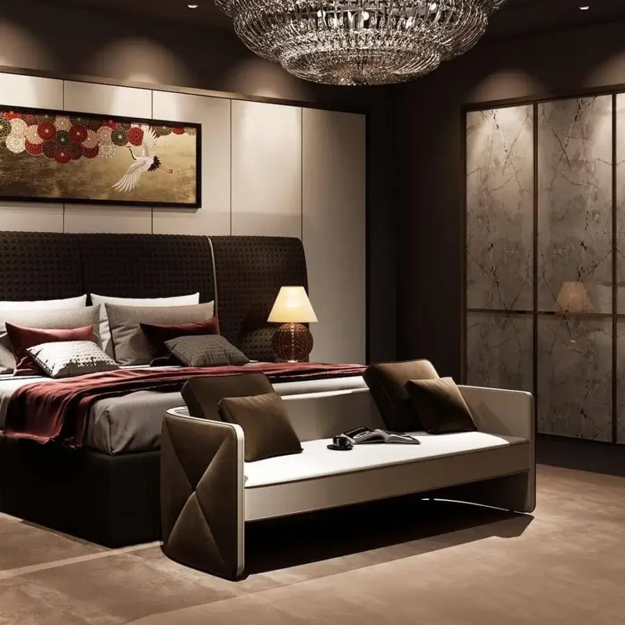 Exceptional Reflex San Marco XL bed with dark brown textured textile and Nero Beluga shiny lacquered wood accents